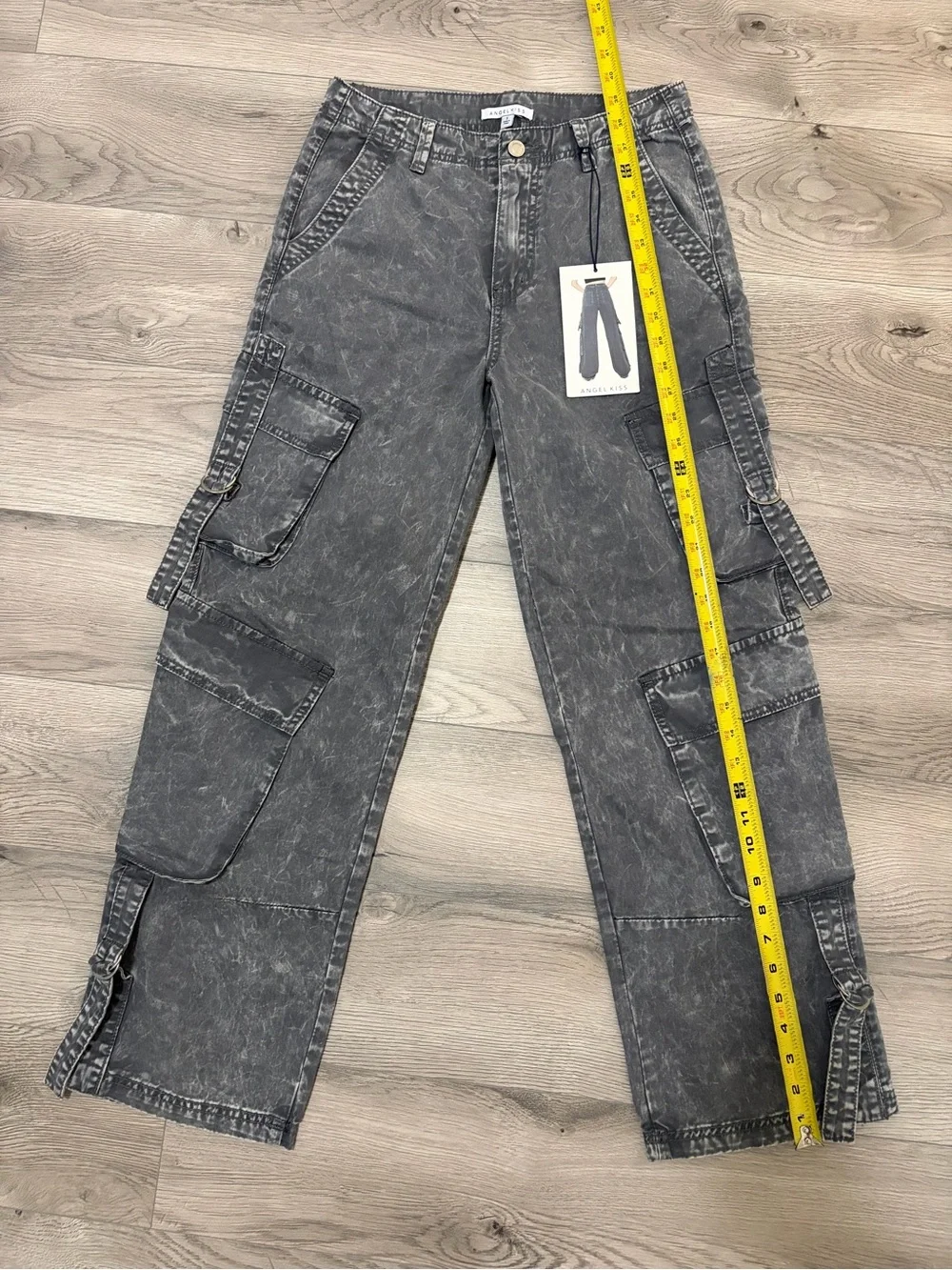 Angel Kiss Washed Charcoal Cargo Pants with Strap Details